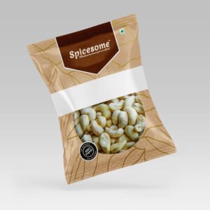 Close-up of large, creamy white whole cashew kernels in spicesome's Pouch.