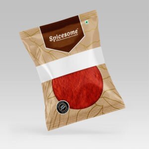 Premium vibrant chilli red powder on a pouch